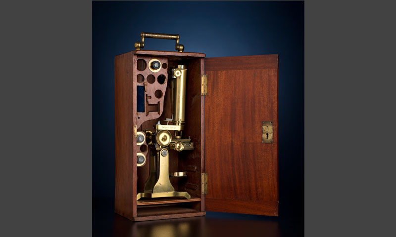 The collection of acclaimed mineralogist Willet Willis includes his 19th-century brass microscope. (© DMNS/Rick Wicker)