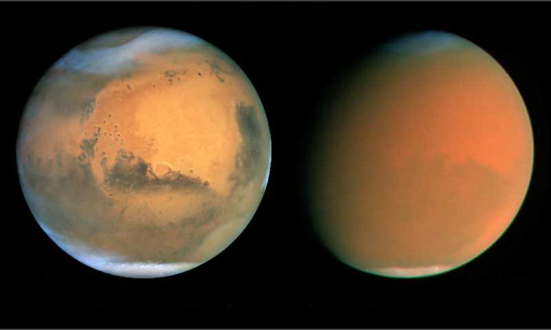 Hubble images of a relatively clear Martian atmosphere (left, June 26, 2001) becomes choked by a global dust storm (right, September 24, 2001). (Photo credit: J. Bell, M. Wolff, Hubble Heritage Team (STScI/AURA))